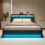 Lova 160*200CM, mink&scaron;ta lova su LED lempute ir lizdu, pilka