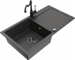 Granitinė virtuvinė plautuvė Mexen Leo su mai&scaron;ytuvu ir sifonu, Black granite+Black