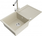 Granitinė virtuvinė plautuvė Mexen Leo su mai&scaron;ytuvu ir sifonu, Beige+Chrome