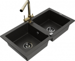 Granitinė virtuvinė plautuvė Mexen Mario su mai&scaron;ytuvu ir sifonu, Metallic black/gold+Gold