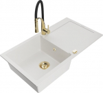 Granitinė virtuvinė plautuvė Mexen Leo su mai&scaron;ytuvu ir sifonu, White+Black/Gold