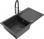Granitinė virtuvinė plautuvė Mexen Leo su mai&scaron;ytuvu ir sifonu, Black granite+Black/Chrome