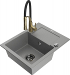 Granitinė virtuvinė plautuvė Mexen Enzo su mai&scaron;ytuvu ir sifonu, Grey+Black/Gold