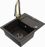 Granitinė virtuvinė plautuvė Mexen Enzo su mai&scaron;ytuvu ir sifonu, Metallic black/gold+Gold