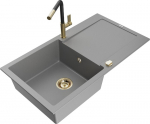 Granitinė virtuvinė plautuvė Mexen Leo su mai&scaron;ytuvu ir sifonu, Grey+Black/Gold