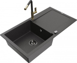Granitinė virtuvinė plautuvė Mexen Leo su mai&scaron;ytuvu ir sifonu, Black granite+Black/Gold