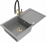 Granitinė virtuvinė plautuvė Mexen Leo su mai&scaron;ytuvu ir sifonu, Grey+Black/Gold