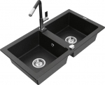 Granitinė virtuvinė plautuvė Mexen Mario su mai&scaron;ytuvu ir sifonu, Metallic black/silver+Black/Chrome