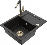 Granitinė virtuvinė plautuvė Mexen Enzo su mai&scaron;ytuvu ir sifonu, Metallic black/silver+Black/Gold