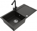 Granitinė virtuvinė plautuvė Mexen Leo su mai&scaron;ytuvu ir sifonu, Metallic black/gold+Black