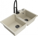 Granitinė virtuvinė plautuvė Mexen Tomas su mai&scaron;ytuvu ir sifonu, Beige+Black