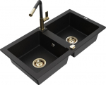 Granitinė virtuvinė plautuvė Mexen Mario su mai&scaron;ytuvu ir sifonu, Black+Black/Gold