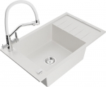 Granitinė virtuvinė plautuvė Mexen Elias su mai&scaron;ytuvu ir sifonu, White+White/Chrome