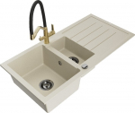 Granitinė virtuvinė plautuvė Mexen Andres su mai&scaron;ytuvu ir sifonu, Beige+Black/Gold