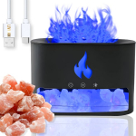 USB maitinamas aromatų difuzorius - oro drėkintuvas LIVMAN BZ-021 su Himalajų druskos kristalais, realisti&scaron;ka liepsnos imitacija, reguliuojamu laikmačiu, pritaikomu LED ap&scaron;vietimu ir 240ml vandens talpa