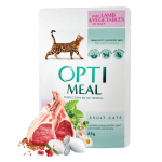 OPTIMEAL &trade;. Visavertis konservuotas ėdalas suaugusioms katėms su ėriena ir daržovėmis drebučiuose. 85 g x 12 vnt.