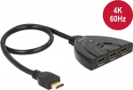 Delock UHD HDMI Jungiklis, 3 Į HDMI, 1 I&scaron; HDMI - 4K Video/Audio Persijungėjas, Palaiko 3D, HDCP 1.4/2.2, Juodas, be I&scaron;orinio Maitinimo, Komplekte HDMI Kabelis, LED Indikatoriai
