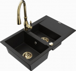 Granitinė virtuvinė plautuvė Mexen Gaspar su mai&scaron;ytuvu ir sifonu, Black/Gold
