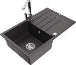 Granitinė virtuvinė plautuvė Mexen Bruno su mai&scaron;ytuvu ir sifonu, Black granite/Chrome