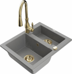 Granitinė virtuvinė plautuvė Mexen Carlos su mai&scaron;ytuvu ir sifonu, Grey/Gold
