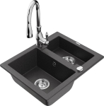 Granitinė virtuvinė plautuvė Mexen Carlos su mai&scaron;ytuvu ir sifonu, Black granite+Chrome