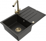Granitinė virtuvinė plautuvė Mexen Bruno su mai&scaron;ytuvu ir sifonu, Metallic black/gold