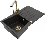 Granitinė virtuvinė plautuvė Mexen Cesar su mai&scaron;ytuvu ir sifonu, Metallic black/Gold
