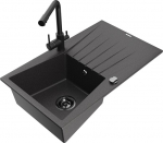 Granitinė virtuvinė plautuvė Mexen Cesar su mai&scaron;ytuvu ir sifonu, Black granite/Black