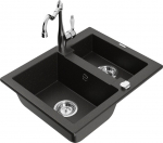 Granitinė virtuvinė plautuvė Mexen Carlos su mai&scaron;ytuvu ir sifonu, Metallic black/gold/chrome