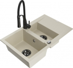 Granitinė virtuvinė plautuvė Mexen Gaspar su mai&scaron;ytuvu Aster ir sifonu 6507-69-73450-70-B, smėlio, juodos spalvos