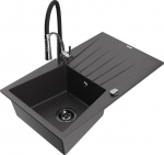 Granitinė virtuvinė plautuvė Mexen Cesar su mai&scaron;ytuvu ir sifonu, Black granite/Black/Chrome
