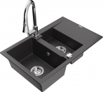 Granitinė virtuvinė plautuvė Mexen Gaspar su mai&scaron;ytuvu ir sifonu, Black granite/Chrome