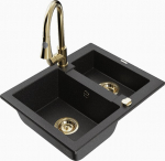 Granitinė virtuvinė plautuvė Mexen Carlos su mai&scaron;ytuvu ir sifonu, Metallic black/Silver/Gold