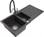 Granitinė virtuvinė plautuvė Mexen Andres su mai&scaron;ytuvu ir sifonu, Black granite/Black/Chrome