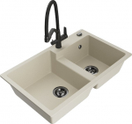 Granitinė virtuvinė plautuvė Mexen Tomas su mai&scaron;ytuvu ir sifonu, Beige/Black