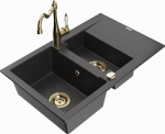 Granitinė virtuvinė plautuvė Mexen Gaspar su mai&scaron;ytuvu ir sifonu, Black granite/Gold