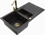 Granitinė virtuvinė plautuvė Mexen Matias su mai&scaron;ytuvu ir sifonu, Metallic black/Silver/Gold