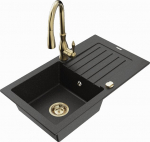 Granitinė virtuvinė plautuvė Mexen Pablo su mai&scaron;ytuvu ir sifonu, Metallic black/silver/Gold