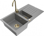 Granitinė virtuvinė plautuvė Mexen Matias su mai&scaron;ytuvu ir sifonu, Grey/Gold
