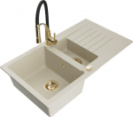 Granitinė virtuvinė plautuvė Mexen Matias su mai&scaron;ytuvu ir sifonu, Beige/Black/Gold