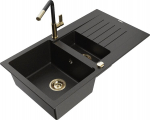 Granitinė virtuvinė plautuvė Mexen Matias su mai&scaron;ytuvu ir sifonu, Metallic black/Black/Gold