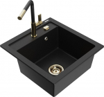 Granitinė virtuvinė plautuvė Mexen Vito su mai&scaron;ytuvu ir sifonu, Black+Black/Gold