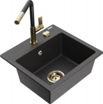 Granitinė virtuvinė plautuvė Mexen Milo su mai&scaron;ytuvu ir sifonu, Black granite+Black/Gold