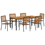7 dalių sodo valgymo komplektas Juodas poli ratanas akacija,Krėslai su pagalvėlėmis 2 vnt Juodas poli ratanas,Sodo stalas 180x90x75 cm tvirtos akacijos medienos ir metalo