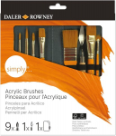 Daler-rowney Simply 10 dalių akrilinių teptukų rinkinys, auksinis taklonas, sintetinis plaukas, trumpas kotelis, užtrauktuku užsegamas dėklas
