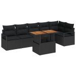 7 dalių sodo sofų komplektas su pagalvėlėmis Juoda Poli Ratanas Akacija,2 vietų sodo sofa su pagalvėlėmis Juoda Poli Ratanas