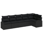 6 dalių sodo sofa rinkinys su pagalvėlėmis, juodas poli ratanas,2-vietė sodo sofa su vieta ir pagalvėlėmis, juodas poli ratanas