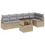 7 dalių Sodo Sofa Komplektas su Pagalvėlėmis Smėlio Poli Ratanas,2-vietė Sodo Sofa su Saugojimu ir Pagalvėlėmis Smėlio Poli Ratanas