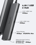 Usb c video hub newq type c hub 3.2 atvirk&scaron;tinės srovės monitorius, dvigubas vaizdo ekranas 4k@30-60hz, 4x usb-c 3.2 gen2 10gbps, palaiko pd 100w max, su vaizdo kabeliu