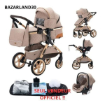 BAZARLAND30. 3 in 1 Kūdikio Vežimėlis Kombinuotas Automobilinė Sėdynė Lop&scaron;ys Trio Apverčiamas Reguliuojamas Auk&scaron;tos Kokybės Neperpučiami Ratukai. KHAKI